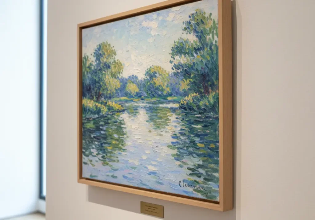 A close-up of an Impressionist painting showing shimmering light and reflections on a river surface, hanging in a gallery.