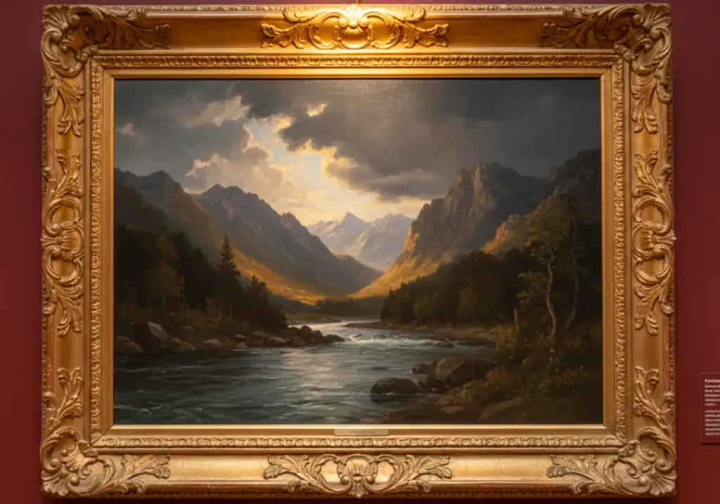 A large, dramatic Hudson River School painting of an untamed river hanging on a museum wall.