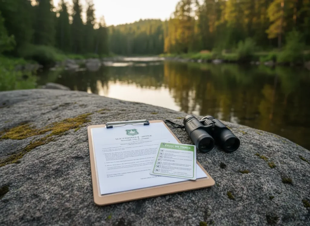 A clipboard with a government permit and a Leave No Trace card resting on a rock by a river, symbolizing regulatory and ethical guiding.