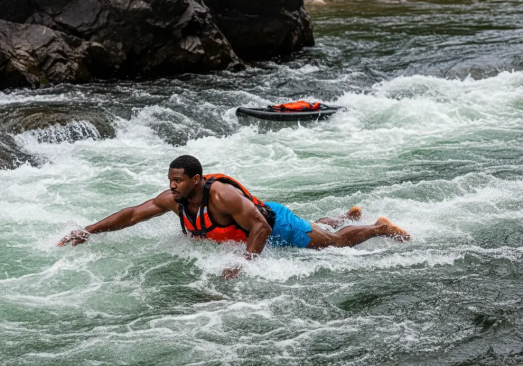 A muscular Black man performing a self-rescue swim in whitewater, moving away from a rock wall towards safety, in a wide river scene.