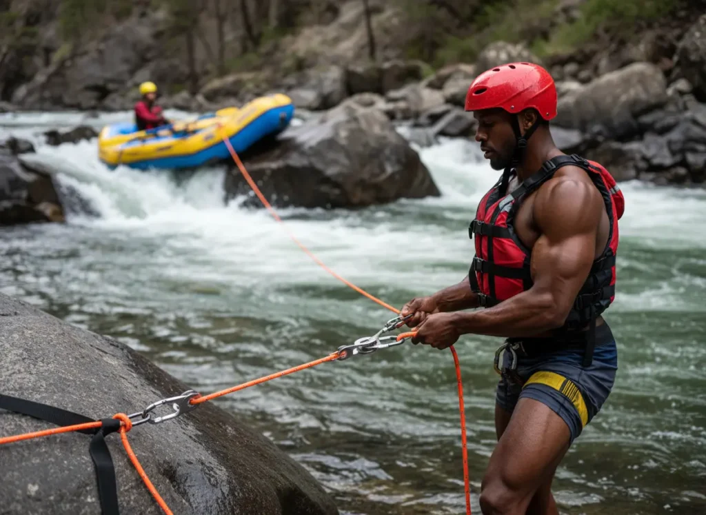 A muscular, capable male rafter setting up a Z-drag rescue system with a static rope on a riverbank to unpin a stuck raft.