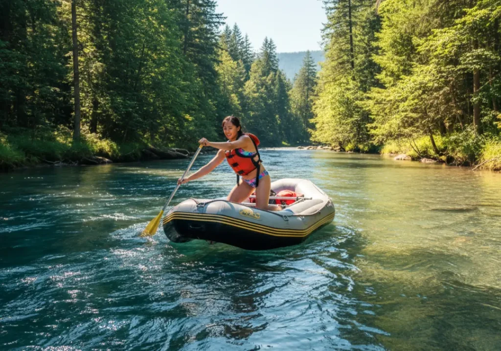 A woman in a raft on a scenic river perfectly executes the beginning phase of a forward paddle stroke.
