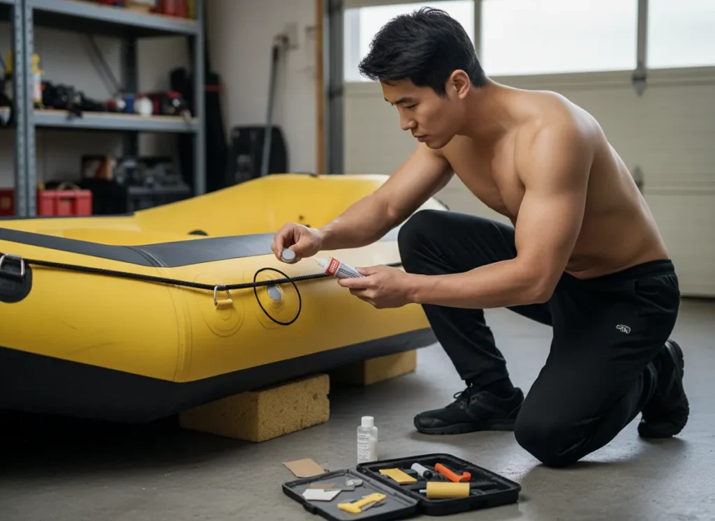 A focused man carefully preparing to apply a patch to his inflatable raft in a garage workshop.