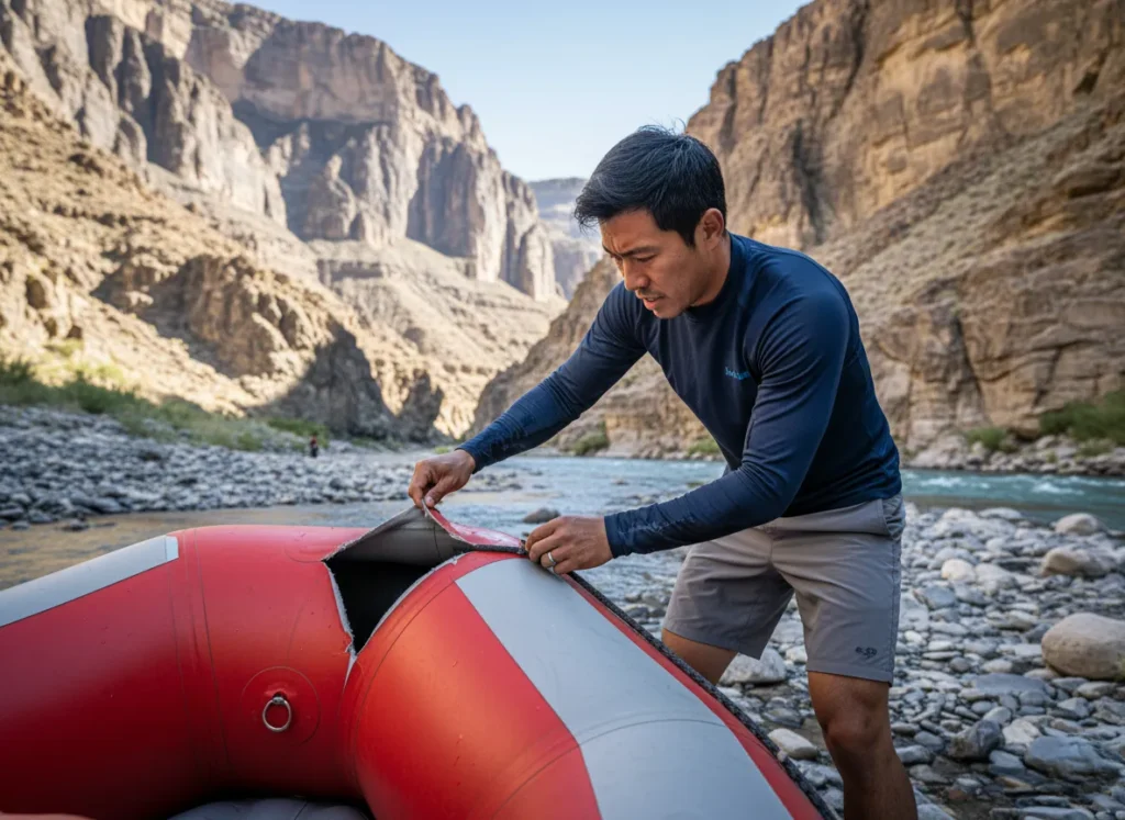 A rafter handles an on-river emergency, assessing a large tear in his raft on a remote, rocky shore.