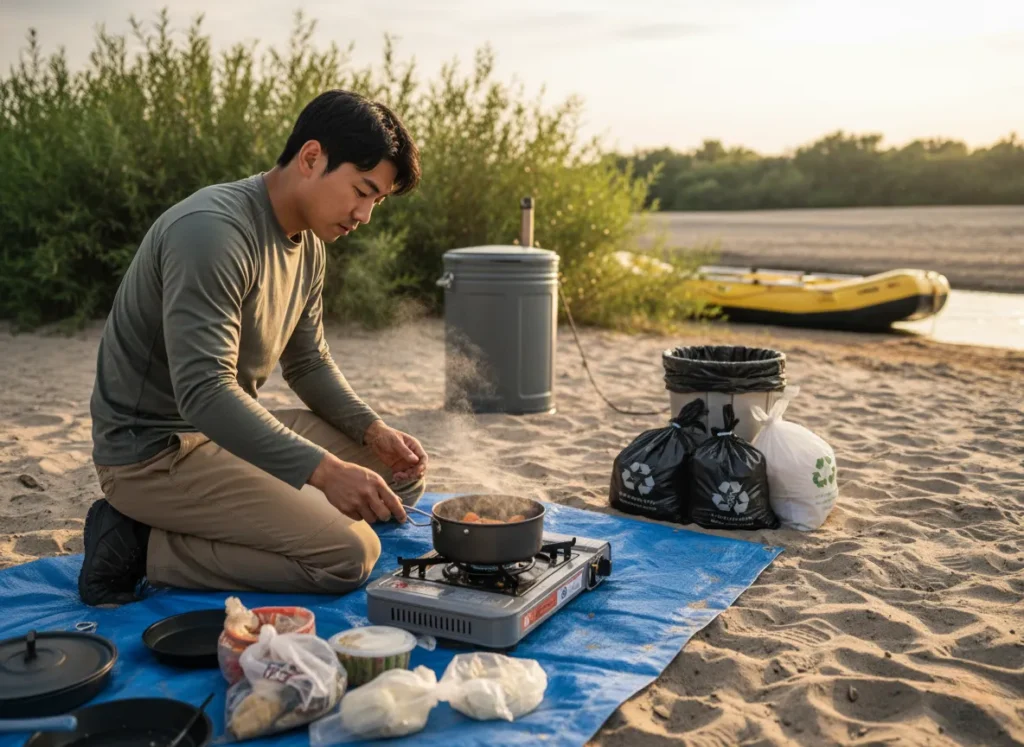 A male rafter manages a clean, minimum-impact campsite on a river beach, using a camp stove and an organized waste system.