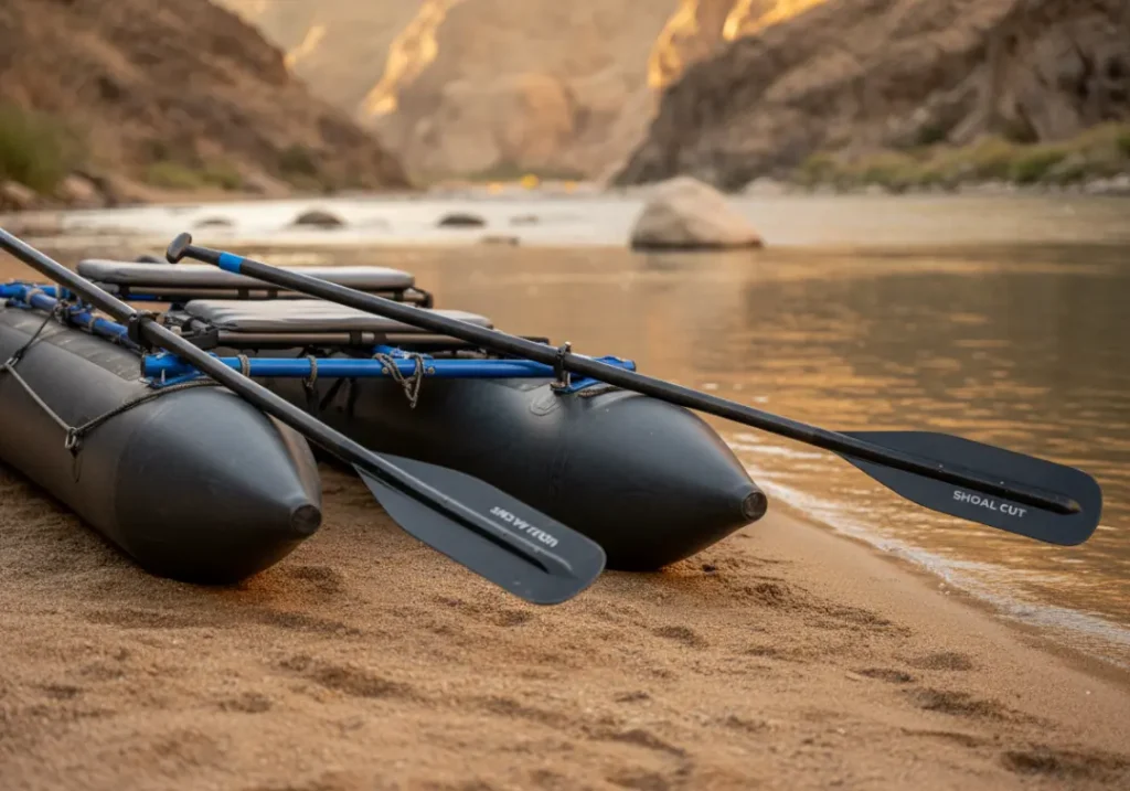 A lightweight cataraft and a pair of specialized Shoal Cut oars resting on a sunny riverbank, representing optimal gear for low-water rowing.