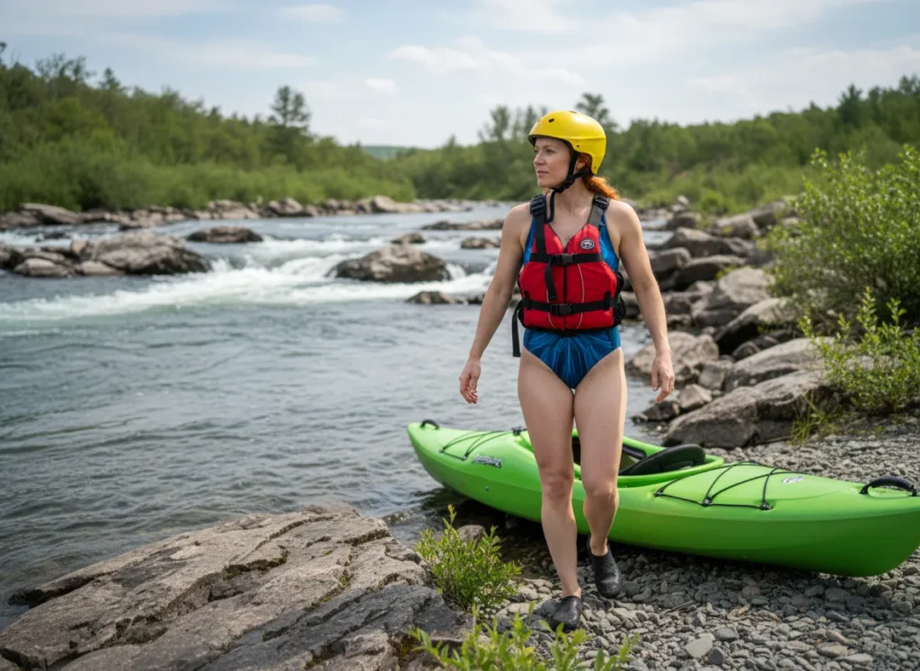 A female kayaker practices Leave No Trace by walking on durable rock surfaces while scouting a rapid from the riverbank.