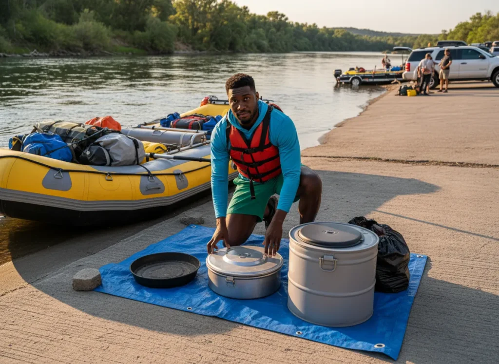 A male rafter methodically preparing his Leave No Trace equipment, including a portable toilet and fire pan, at a river put-in before a trip.