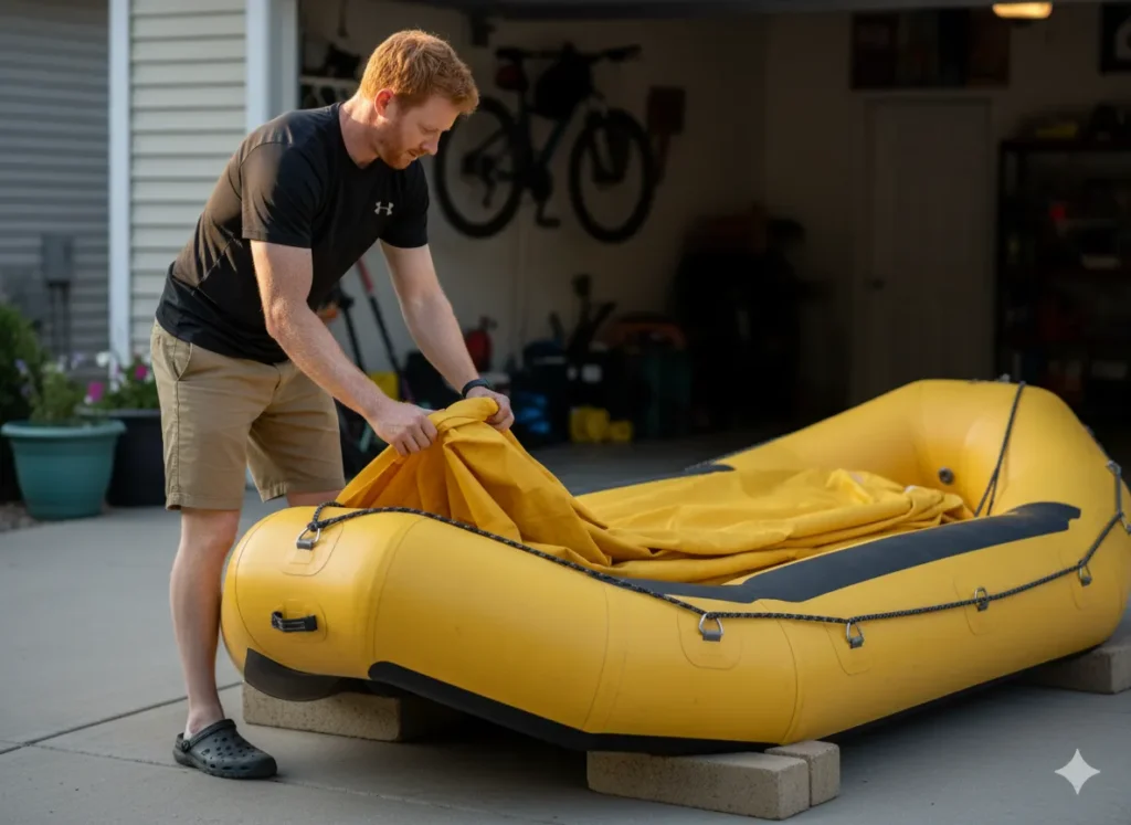 A man carefully rolling up a clean inflatable raft in his driveway for off-season storage.