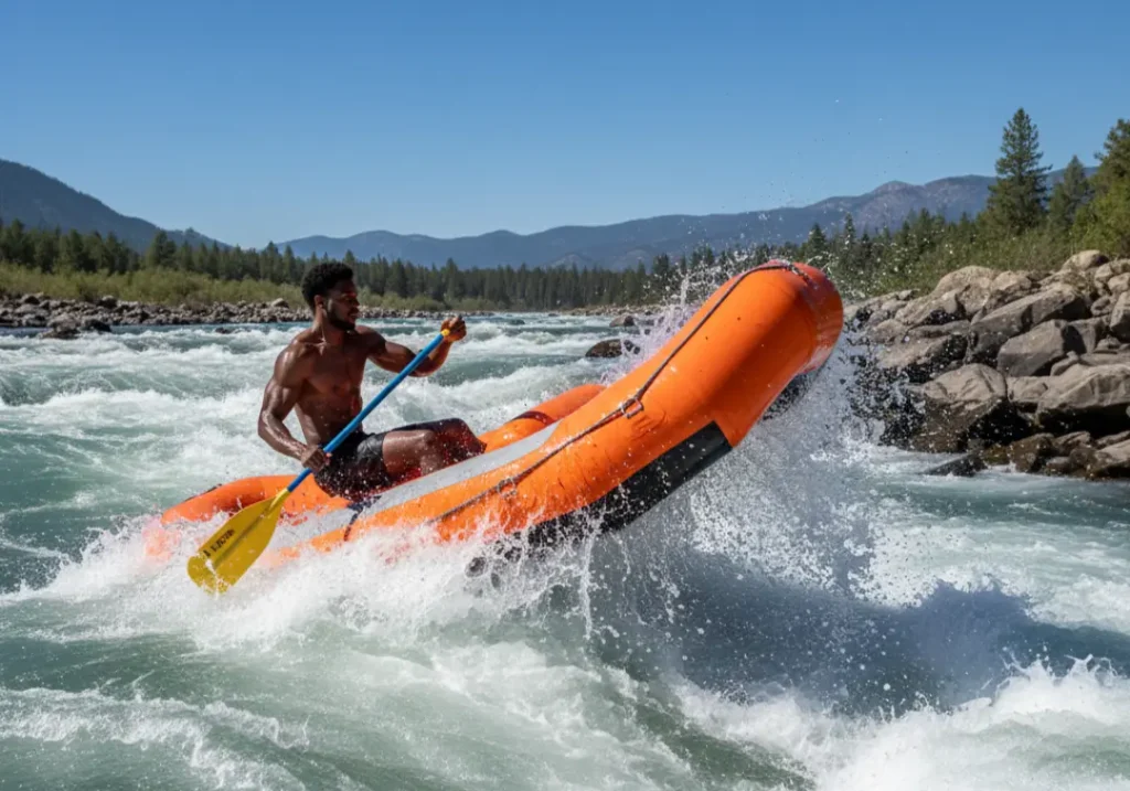 A skilled male rafter correctly positions his raft to hit a large wave straight-on for maximum stability.
