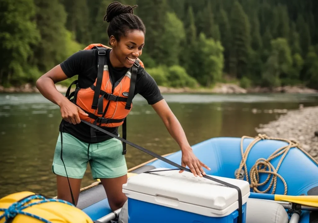 An athletic woman demonstrates how to secure a cooler to a raft frame using a strap cradle suspension method.