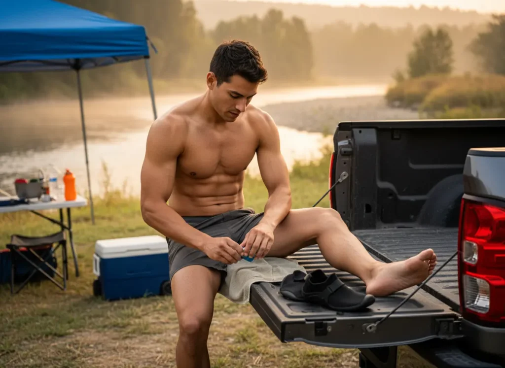A muscular male rafter sits on a tailgate at a campsite, proactively applying balm to his feet before a day on the river.