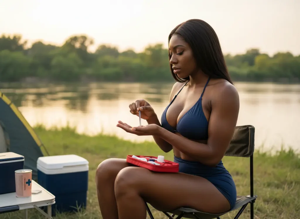 A beautiful Black woman in a bikini top and shorts competently treats a hot spot on her hand at a riverside campsite.