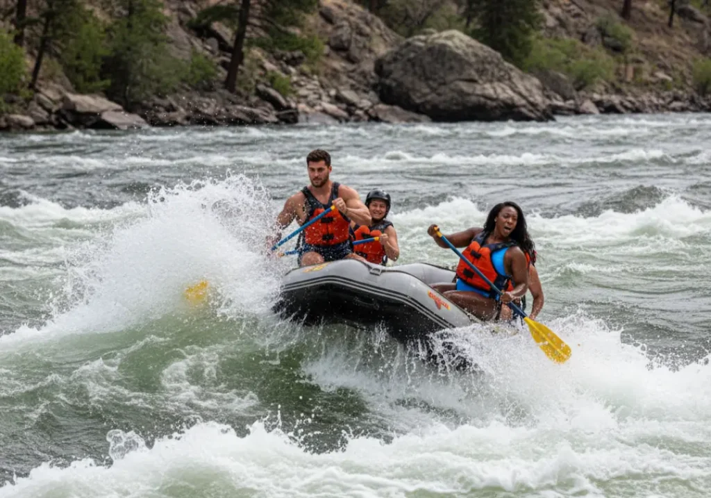 A rafter makes a common paddling mistake by lifting water at the end of her stroke, contrasted with her crewmate's correct form in whitewater.