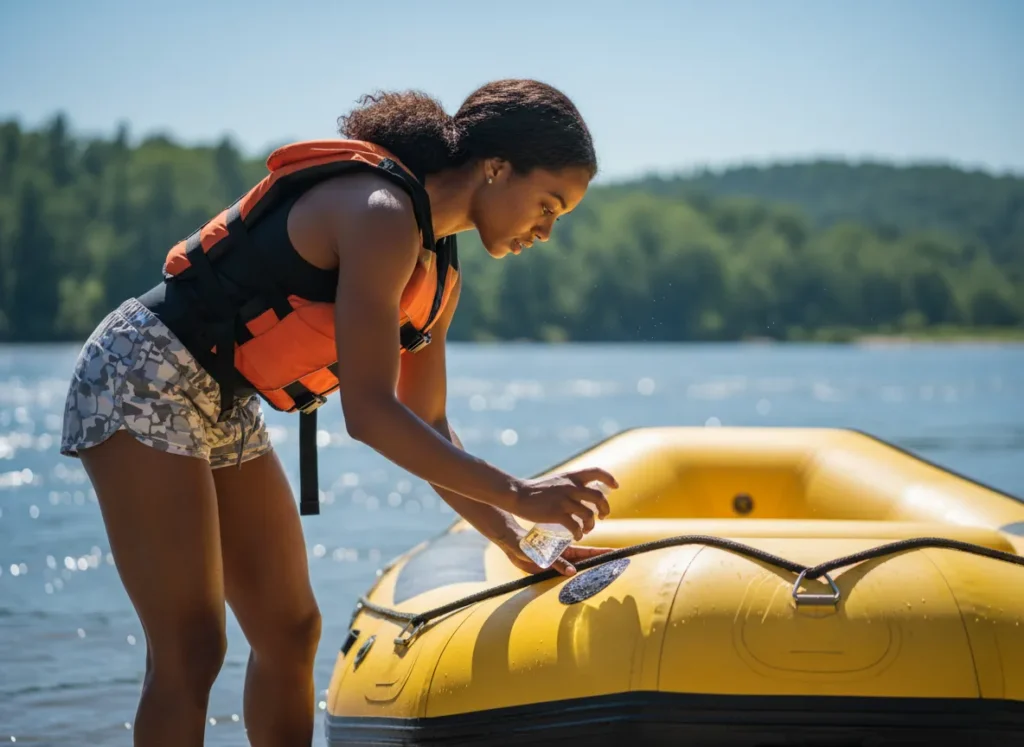 A female rafter validates her raft repair by spraying the patch with soapy water to check for leaks.