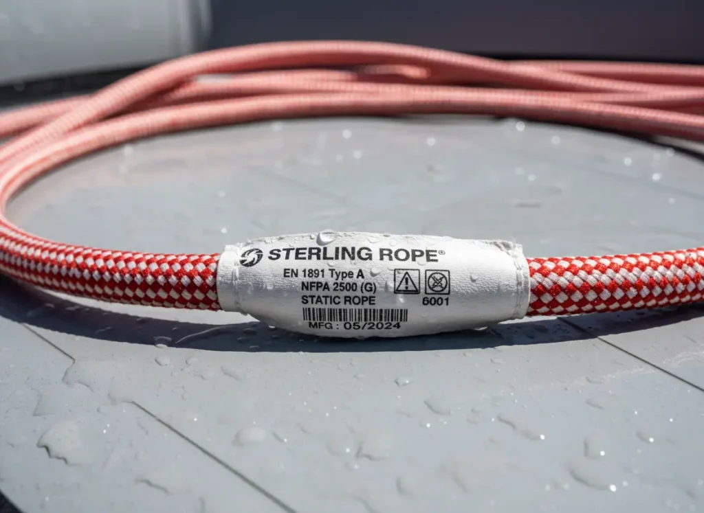 A close-up of a static rope's safety certification tag showing EN 1891 and NFPA 2500 ratings.