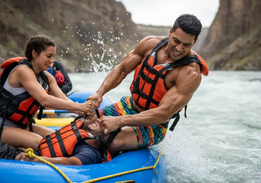 A strong Latino man and a crewmate execute a rescue, pulling their guide back into the whitewater raft.