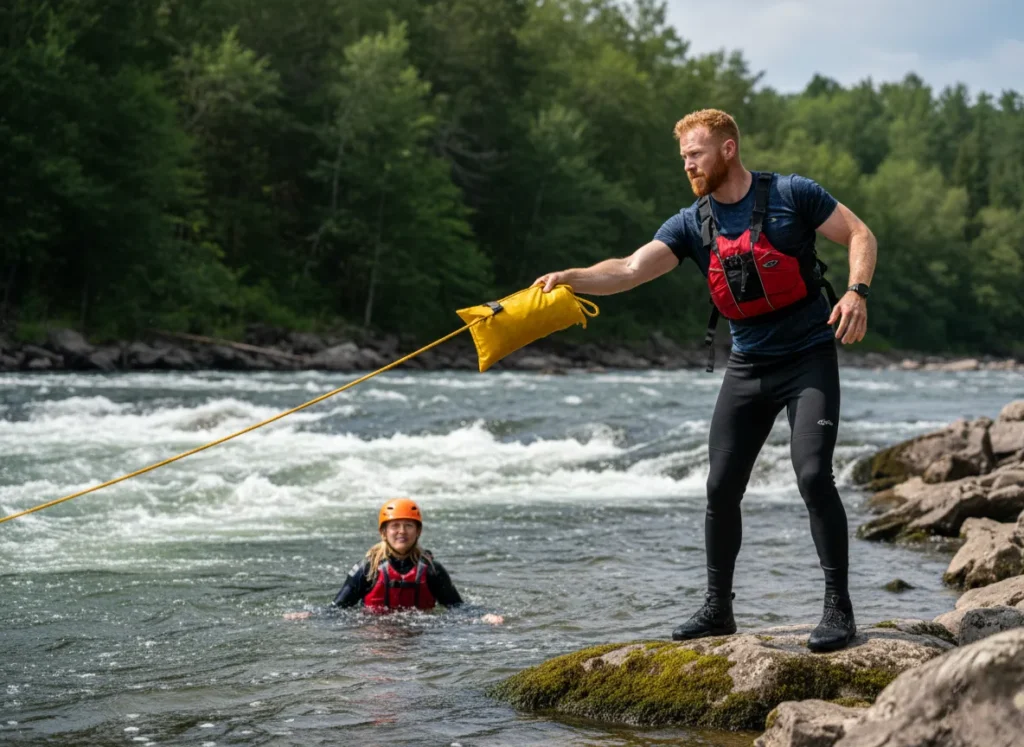 A male rescuer on the riverbank throws a rescue rope to a female swimmer trapped in whitewater.