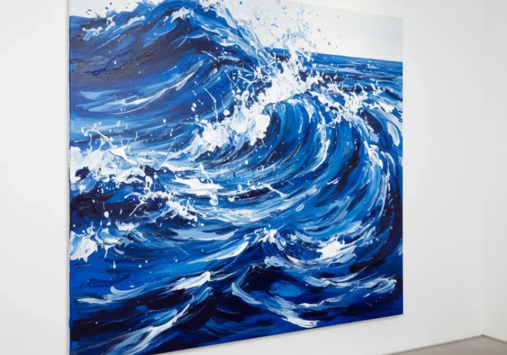 A dynamic abstract painting with blues and whites suggesting the turbulent forces of a river, hanging on a modern gallery wall.