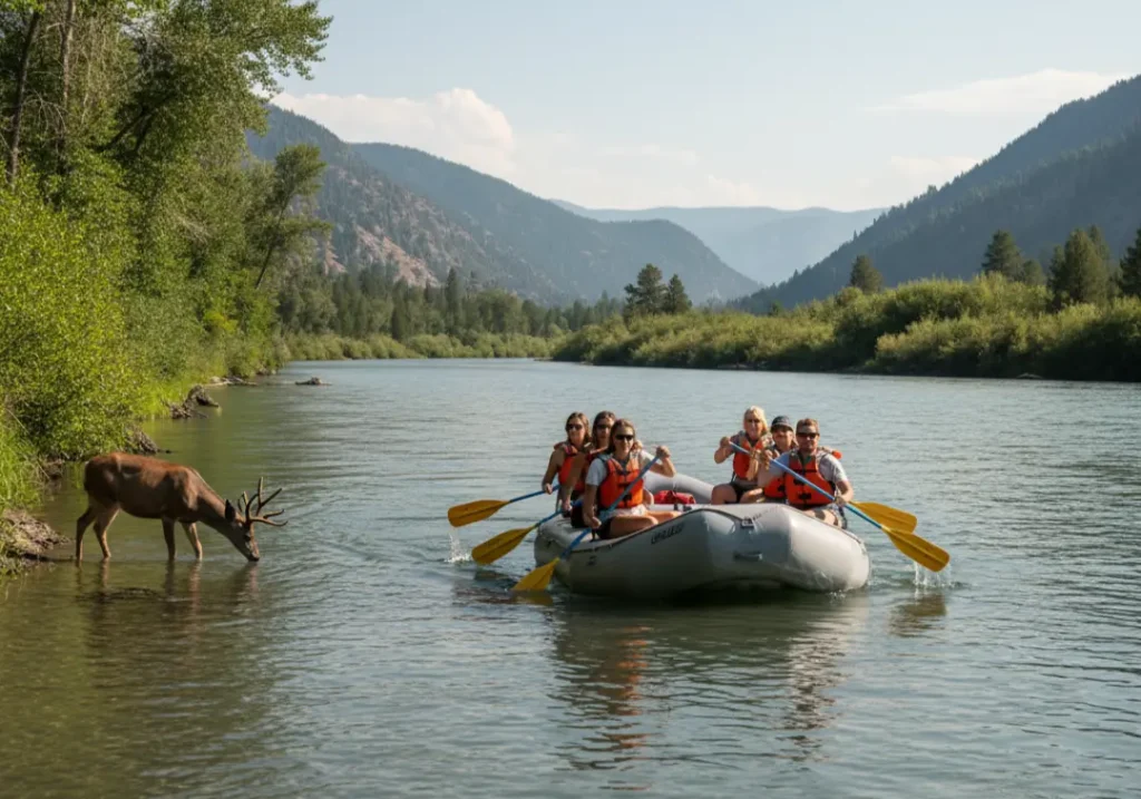 A rafting team paddles efficiently and quietly through a pristine river canyon, carefully avoiding the shoreline where wildlife is present.
