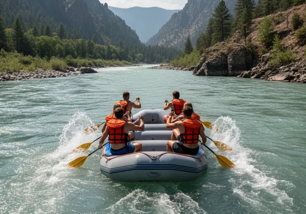 A full whitewater rafting team paddles in perfect synchronization down a scenic river, as seen from a high angle.