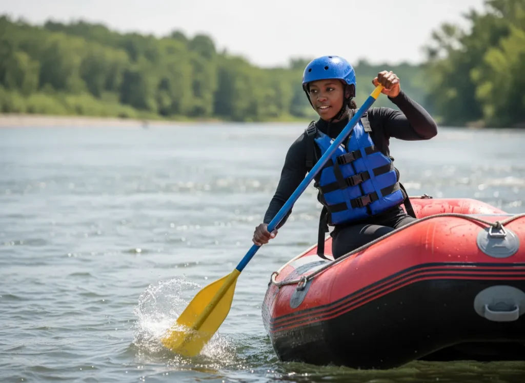 A female river guide with an athletic build demonstrates a standard paddling technique from the back of a raft during a training session.