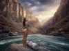 How Does Weather Affect Rivers? A Rafter’s Field Manual A female rafter with an athletic figure stands by her raft in a huge canyon, observing dramatic storm clouds gathering overhead.
