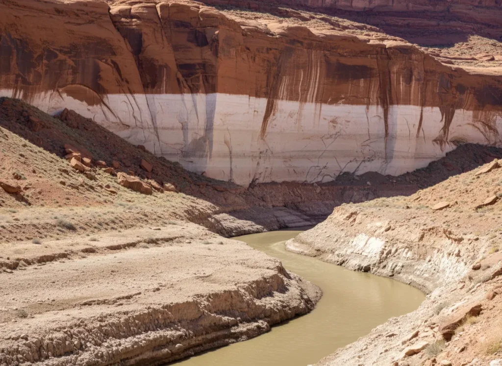 The "bathtub ring" left by Lake Powell is visible on the canyon walls above the Colorado River, which is re-carving its channel through exposed mudflats.