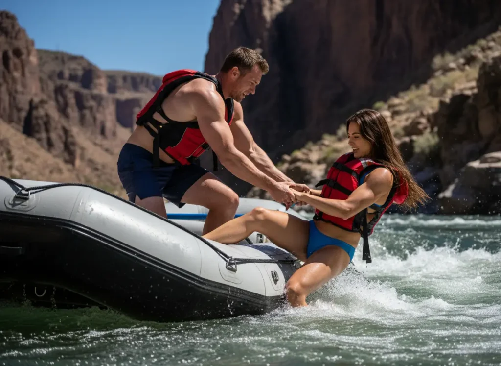 A strong man pulling a woman back into a whitewater raft from the river, demonstrating an in-boat rescue technique.