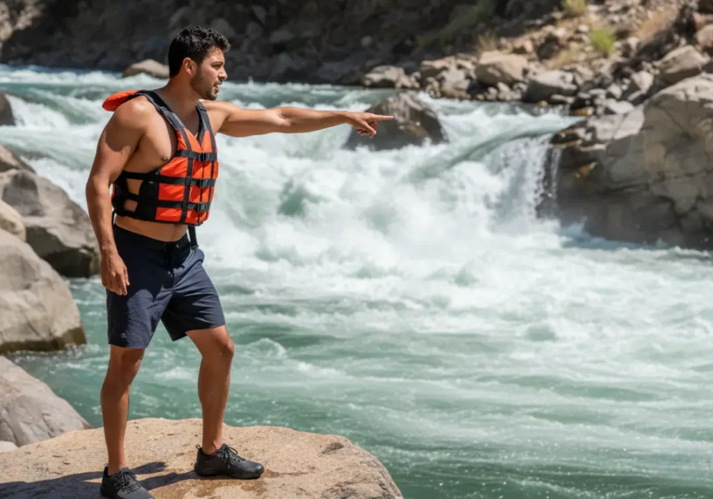 A muscular Latino man standing on a rock, scouting and pointing out a safe line through a dangerous whitewater rapid below.