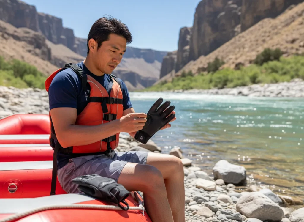 A man sits on a raft on a riverbank, thoughtfully comparing two different pairs of rafting gloves to make a choice.