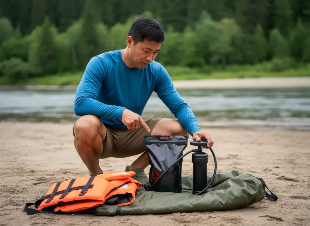 A man at a riverside camp compares a gravity water filter and a pump purifier laid out on a dry bag.