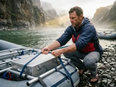 How to Rig a Dry Box That Survives a Flip Aluminum dry box rigged low in a raft frame bay at a river put-in, strapped to survive a flip