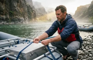 How to Rig a Dry Box That Survives a Flip Aluminum dry box rigged low in a raft frame bay at a river put-in, strapped to survive a flip