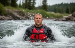 How to Swim Out of a Keeper Hole: A Step-by-Step Protocol A male rafter in a life vest takes a breath amidst the churning whitewater of a dangerous river hydraulic.
