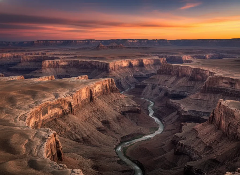 A dramatic sunset view over the vast, flat Colorado Plateau, showing the deep incision of a canyon that exemplifies its large-scale geology.
