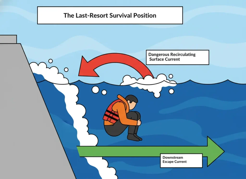 A diagram showing the survival technique for a hydraulic trap. It illustrates a person curled in a ball to sink towards the downstream escape current on the riverbed, avoiding the dangerous recirculating surface current.