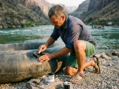 7 Steps to a Hypalon Raft Repair That Actually Holds Boater patching a Hypalon raft tube on a gravel river bar at golden hour
