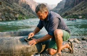7 Steps to a Hypalon Raft Repair That Actually Holds Boater patching a Hypalon raft tube on a gravel river bar at golden hour