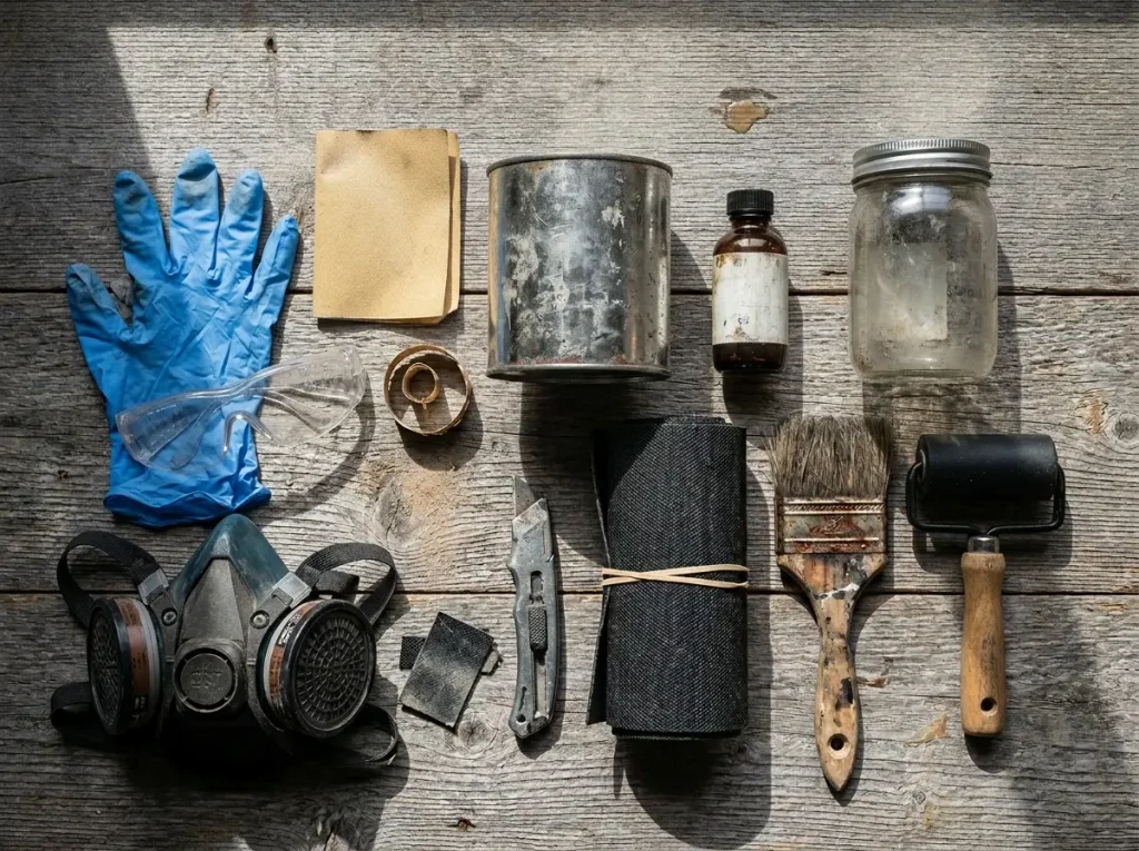 Flat-lay of Hypalon raft repair supplies including two-part glue, solvent, and patch