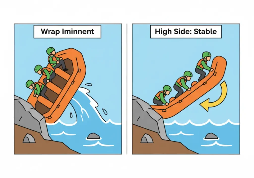 A two-panel infographic explaining the high-side command in rafting. Panel one shows a raft dangerously wrapping on a rock. Panel two shows the crew shifting their weight to the high side to stabilize the raft.