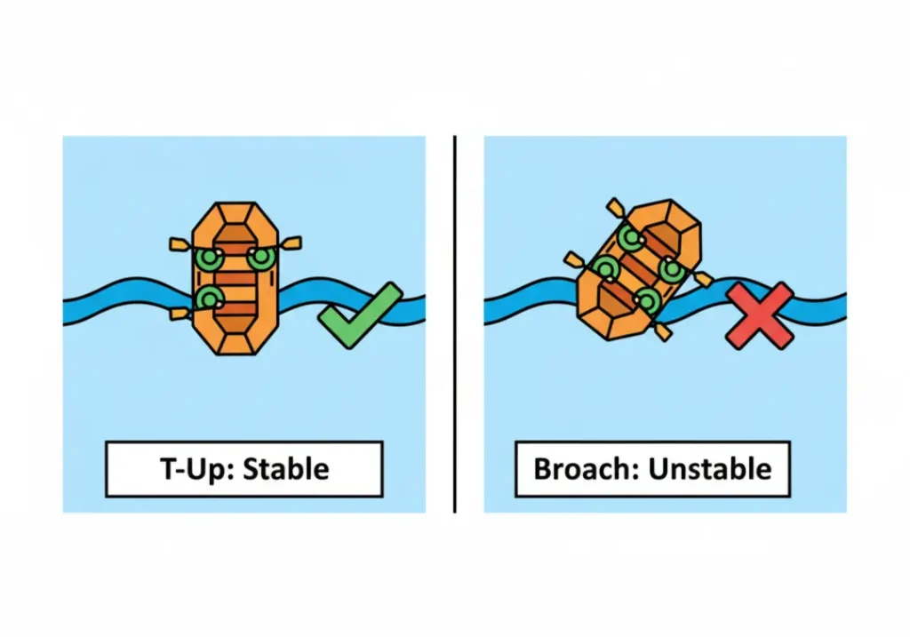 An overhead diagram comparing the correct T-Up technique to the incorrect broaching technique in rafting. The left panel shows a raft hitting a wave perpendicularly, labeled 'T-Up: Stable'. The right panel shows a raft hitting a wave at an angle, labeled 'Broach: Unstable'.
