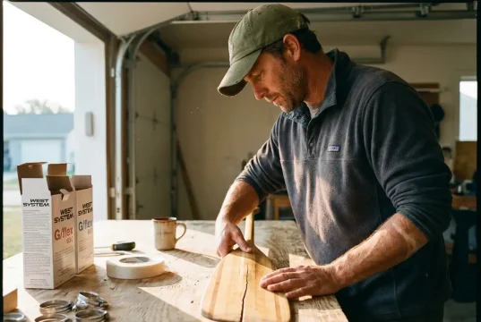 Is Your Raft Paddle Worth Repairing? Here’s How Rafter inspecting a cracked raft paddle blade on a garage workbench before repair