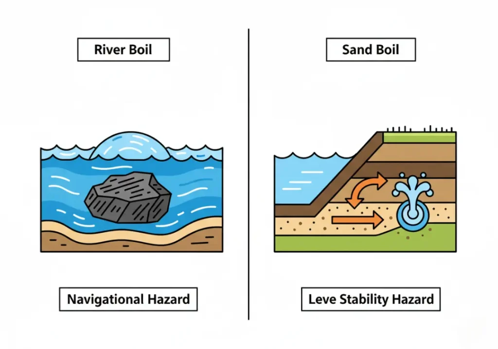 An infographic comparing a river boil and a sand boil. The left panel shows a river boil caused by water flowing over a submerged rock. The right panel shows a sand boil caused by water seeping under a levee during a flood.
