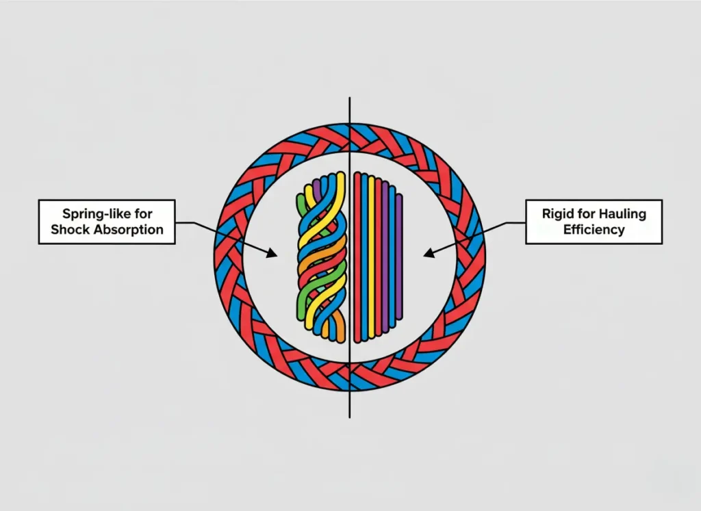 An infographic showing a cross-section of a kernmantle rope. The left side shows the twisted core strands of a dynamic rope, labeled 'Spring-like for Shock Absorption'. The right side shows the parallel core strands of a static rope, labeled 'Rigid for Hauling Efficiency'.