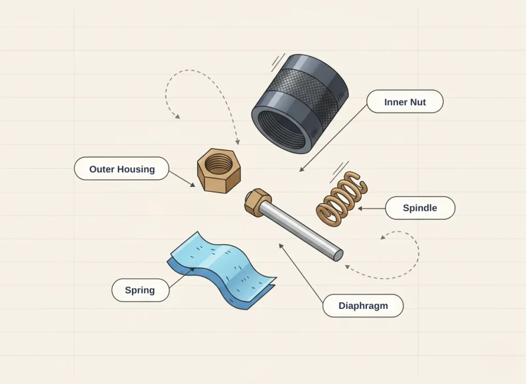 A professional exploded view diagram illustrating the key components of a Leafield C7/D7 valve for repair guidance, showing the outer housing, inner nut, spindle, spring, and diaphragm disassembled with clear directional labels and assembly lines in a vibrant educational style.