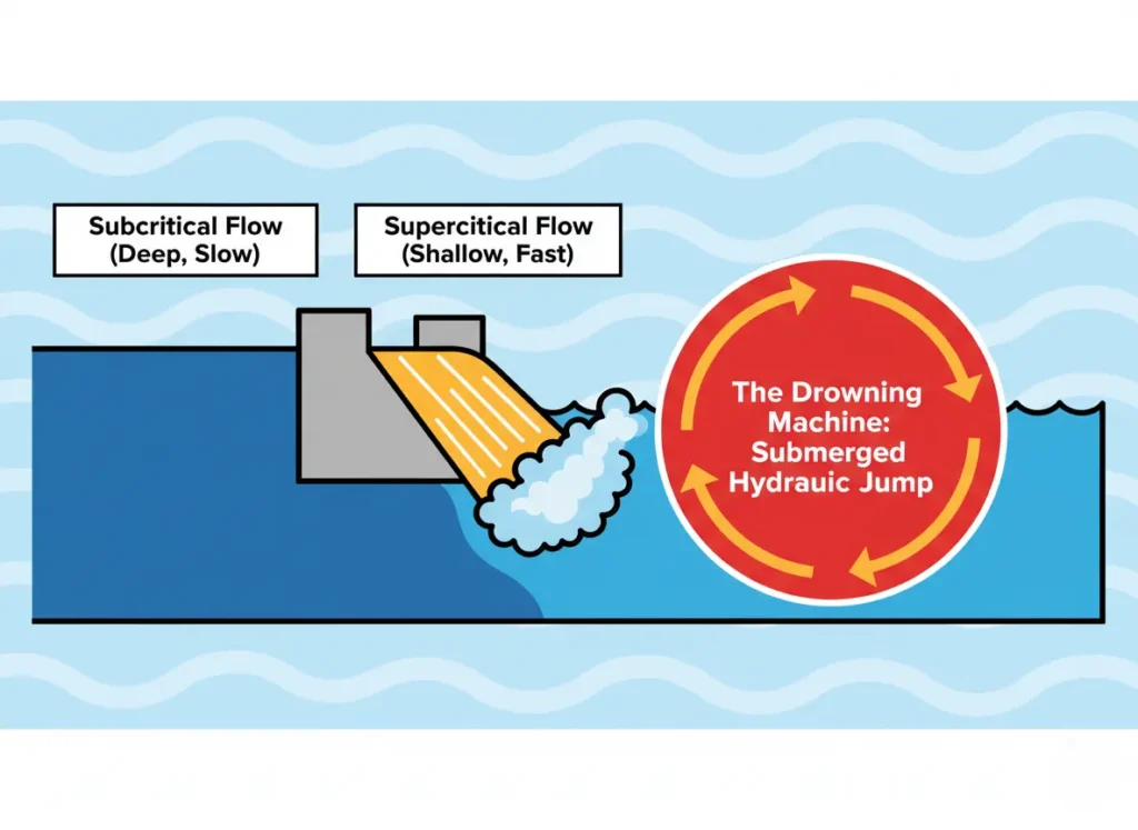 A diagram illustrating the hydraulics of a low-head dam. It shows water transitioning from slow subcritical flow to fast supercritical flow over the dam, creating a dangerous submerged hydraulic jump downstream, labeled as 'The Drowning Machine.'
