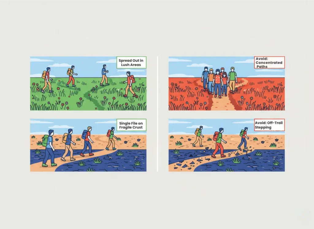 Side-by-side infographic comparing low-impact and high-impact hiking techniques in vegetated meadows and fragile desert soils, showing spread-out walking versus concentrated paths for environmental protection during river travel.
