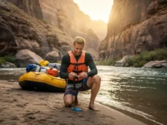 Mastering Leave No Trace: A Guide for Whitewater Trips A male rafter in a scenic river canyon practices Leave No Trace principles by cleaning up his campsite in the early morning light.