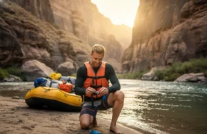 Mastering Leave No Trace: A Guide for Whitewater Trips A male rafter in a scenic river canyon practices Leave No Trace principles by cleaning up his campsite in the early morning light.